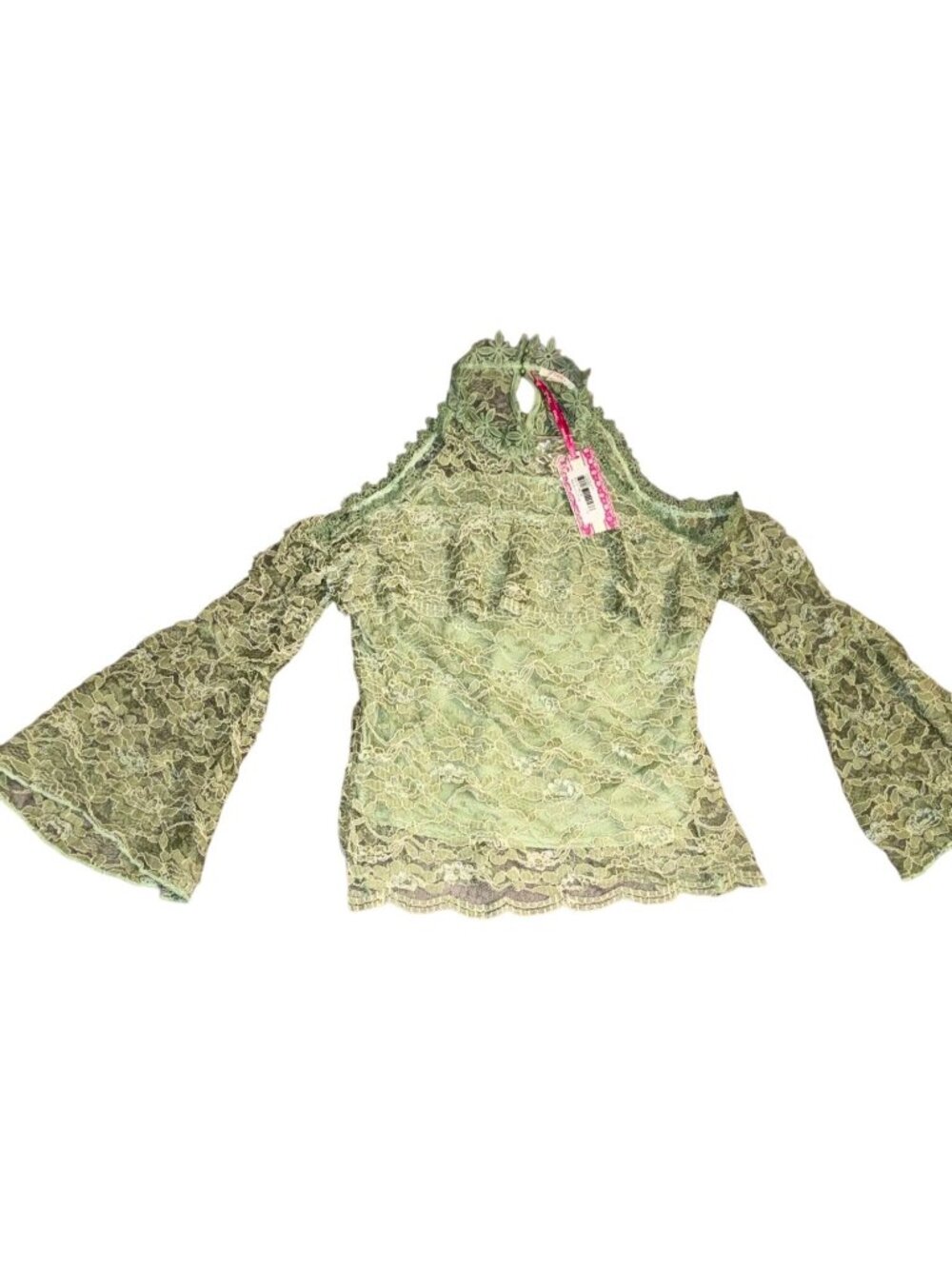 Pinky Womens Green Lace Cold Shoulder Bell Sleeve Top Size L